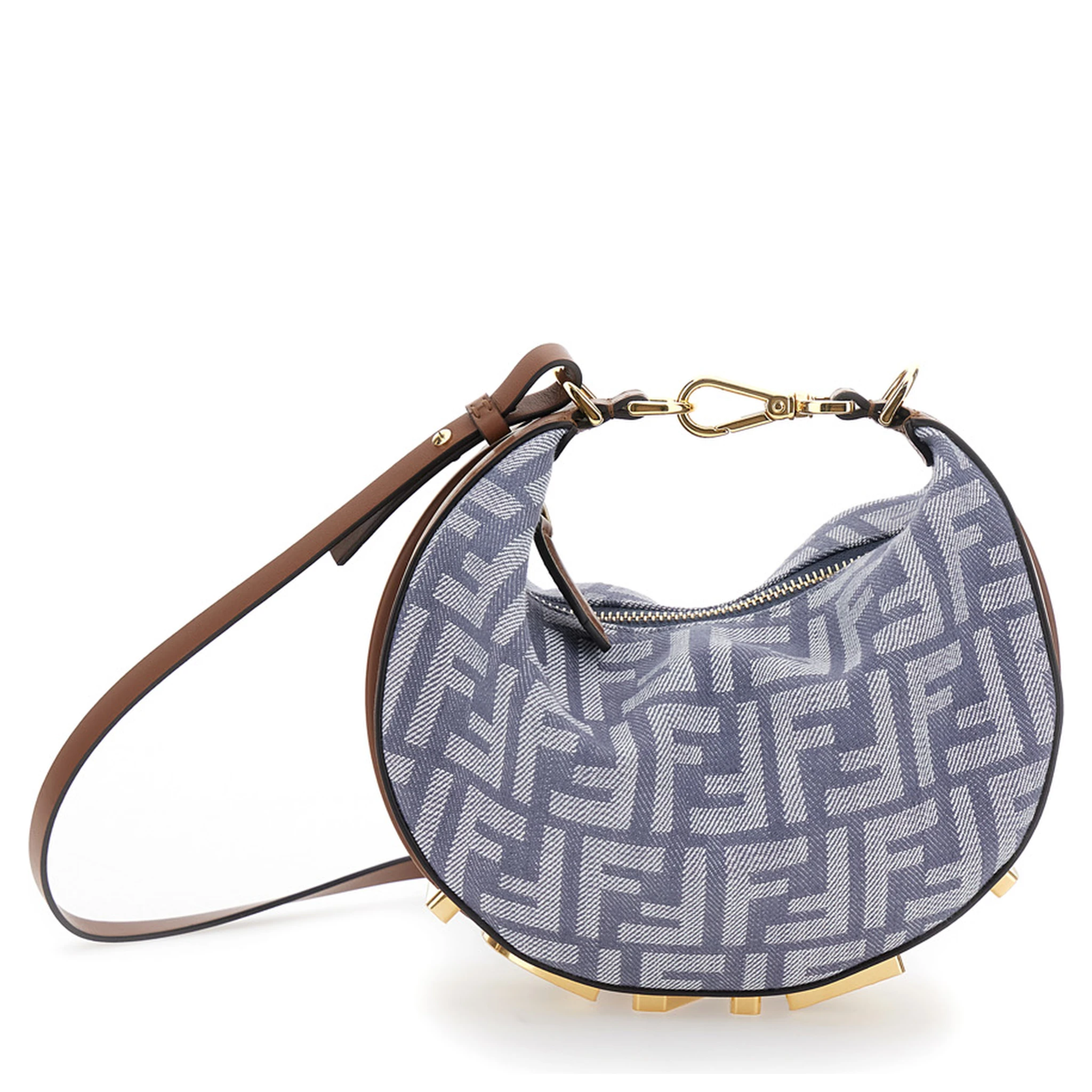Fendigraphy Blue Mini Handbag with Logo Lettering and All-Over FF Motif in Cotton Blend Woman