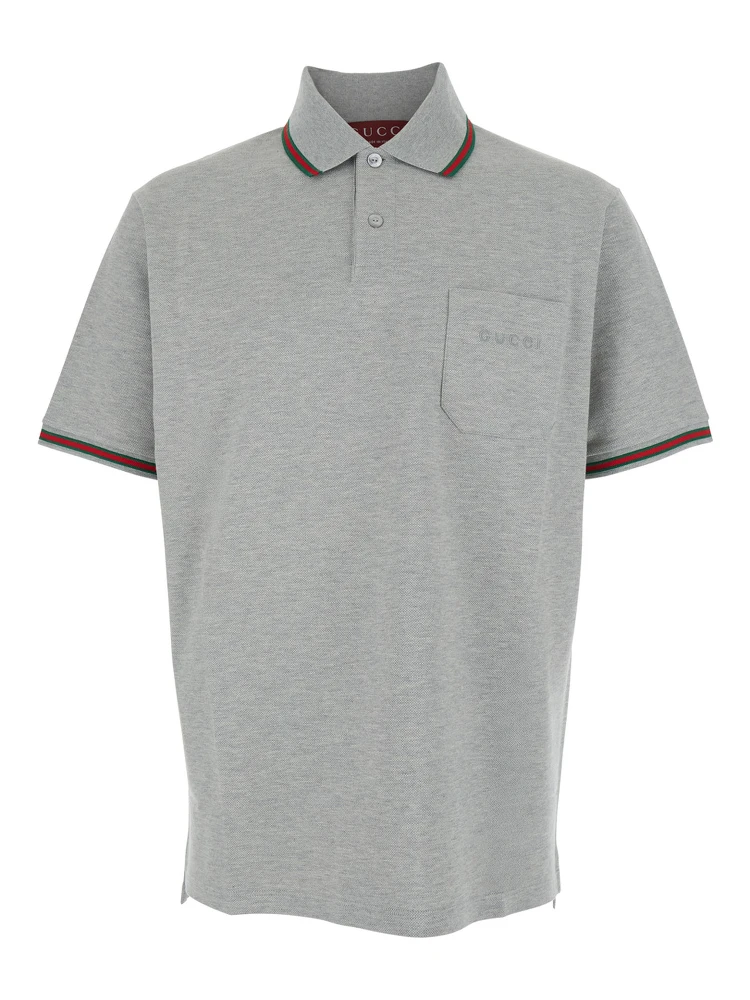 Grey Polo Shirt with Web Details and Logo Lettering on the Front in Wool Blend Man