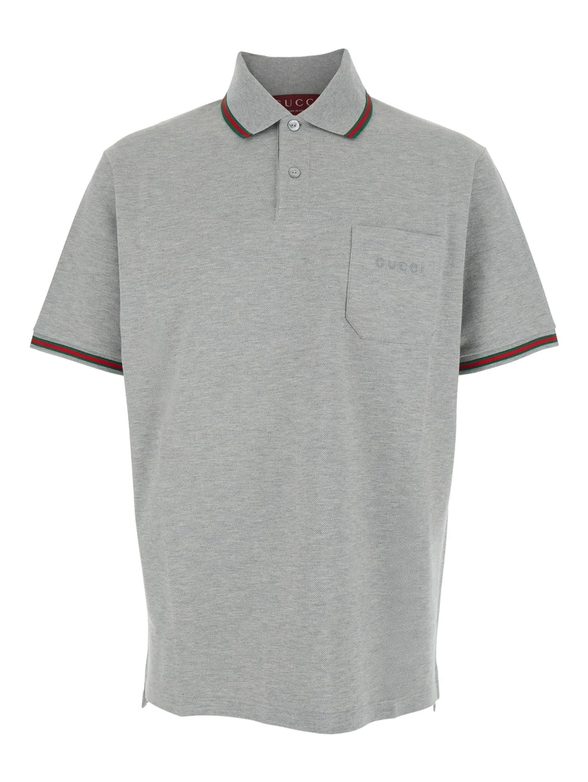 Grey Polo Shirt with Web Details and Logo Lettering on the Front in Wool Blend Man
