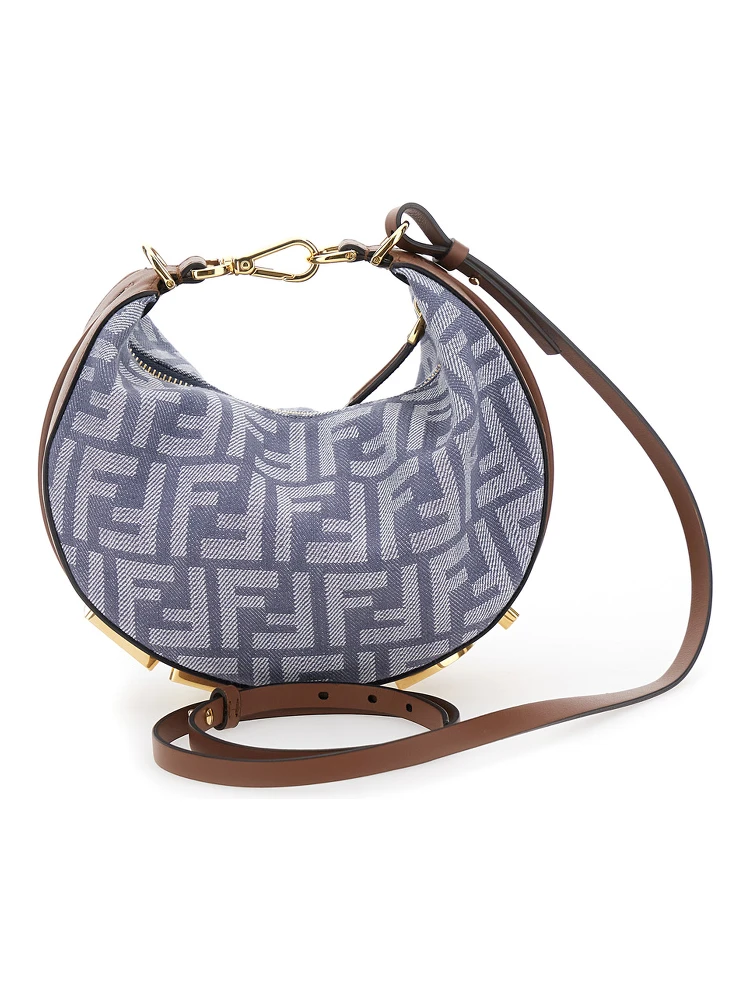 Fendigraphy Blue Mini Handbag with Logo Lettering and All-Over FF Motif in Cotton Blend Woman alternative