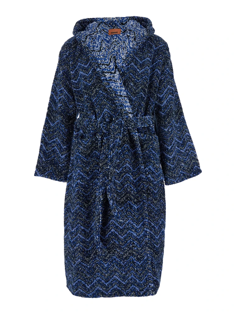 Azul Blue Bathrobe with Zig Zag Motif in Cotton