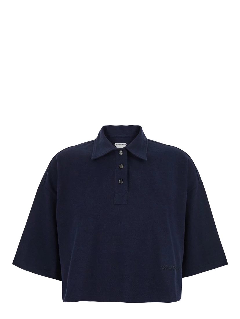 Blue Cropped Polo Shirt with Embroidered Logo in Cotton Piquet Woman