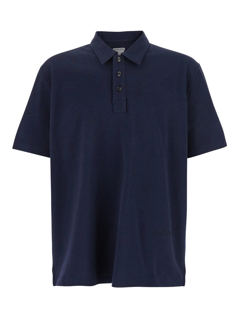 Blue Polo with Classic Collar and Embroidered Logo on the Front in Tone on Tone Cotton Man
