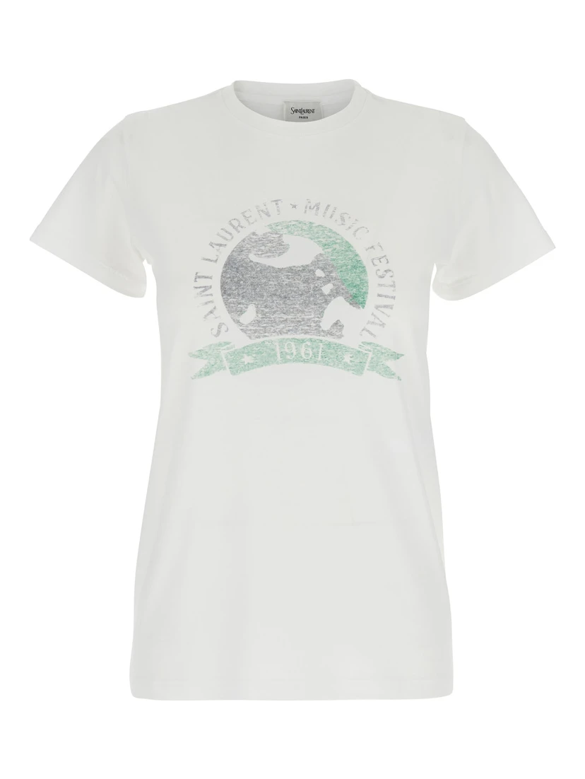 White T-Shirt with Graphic Print on the Front in Cotton Woman