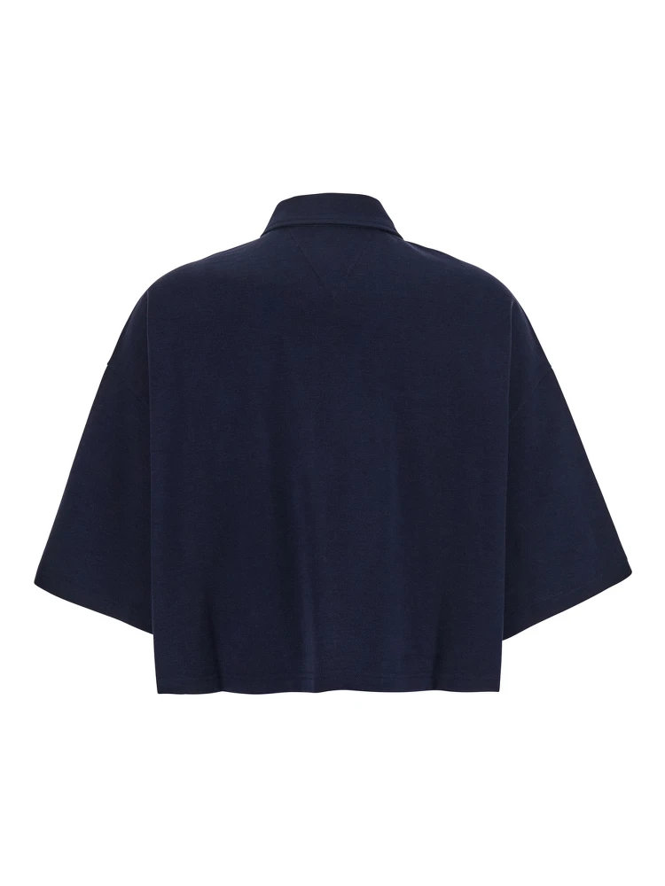 Blue Cropped Polo Shirt with Embroidered Logo in Cotton Piquet Woman alternative