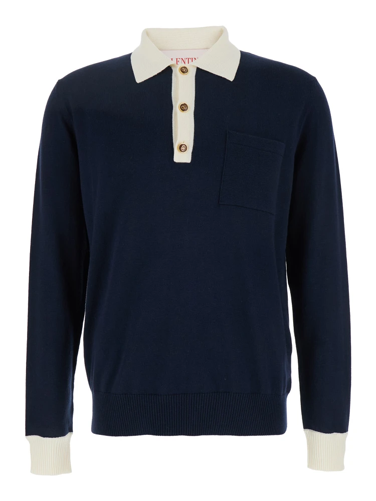 Blue Knitted Polo Shirt with Patch Pocket on the Chest in Cotton Man