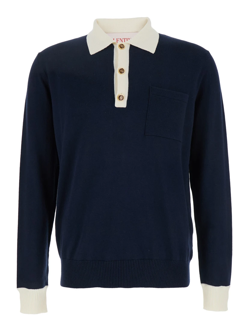 Blue Knitted Polo Shirt with Patch Pocket on the Chest in Cotton Man