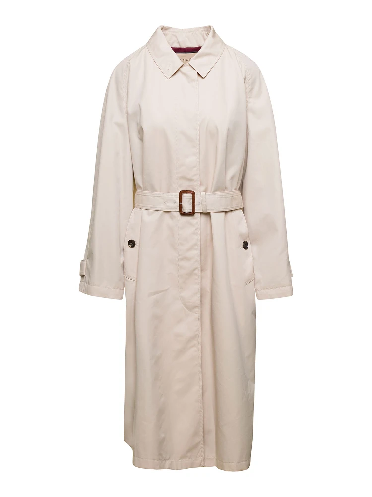 Beige Single-Breasted Trench Coat with Matching Belt in Cotton Blend Woman