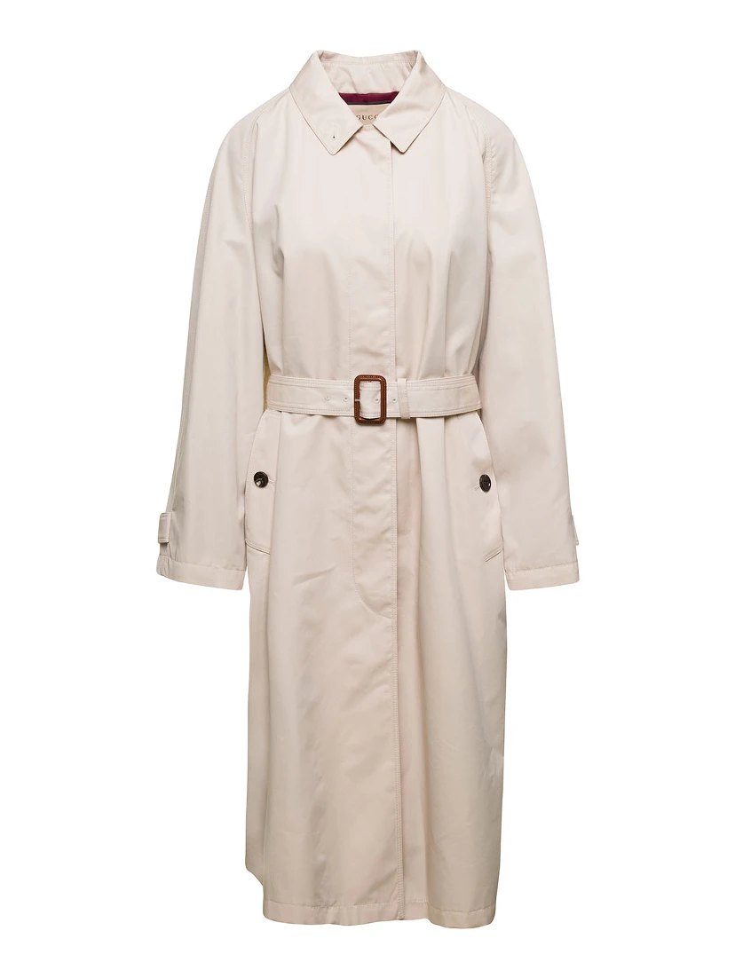 Beige Single-Breasted Trench Coat with Matching Belt in Cotton Blend Woman