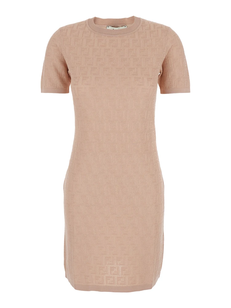 Pink Short Sleeve Dress with All-Over FF Motif in Cotton Blend Woman