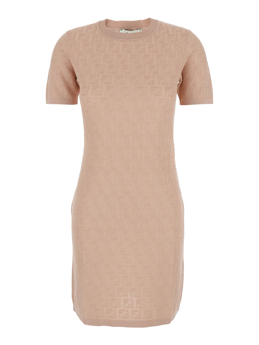 Pink Short Sleeve Dress with All-Over FF Motif in Cotton Blend Woman