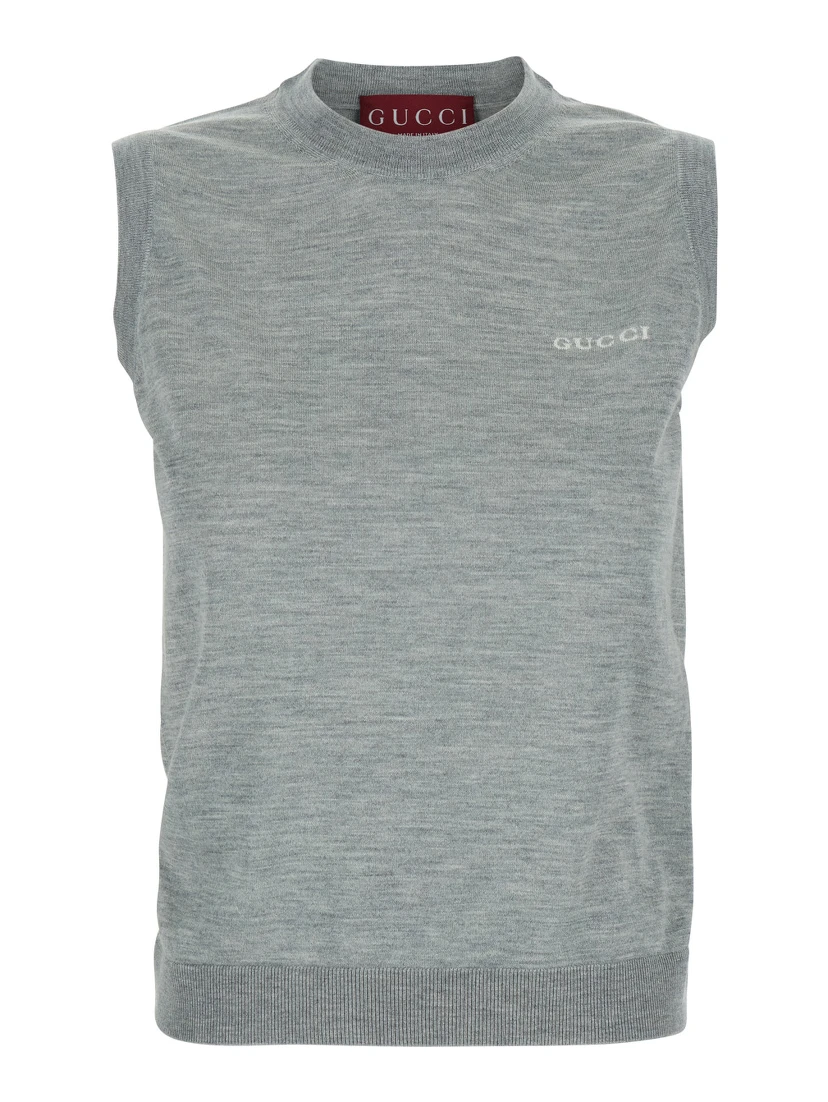 Grey Sleeveless Sweater with Logo on the Front in Cashmere Woman