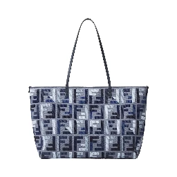 Roll Large Blue Shopper with All-Over FF Motif and Double Top Handles in Cotton Blend Woman