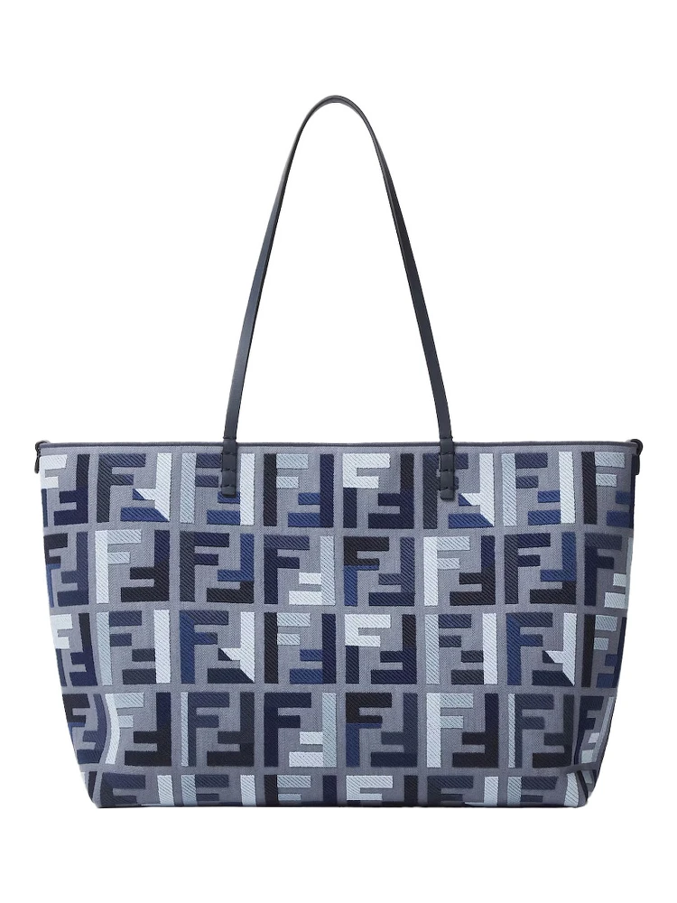 Roll Large Blue Shopper with All-Over FF Motif and Double Top Handles in Cotton Blend Woman