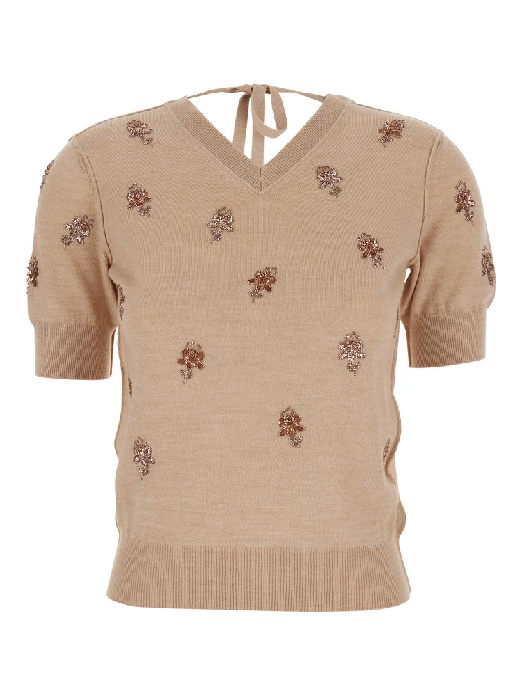 Pink T-Shirt with V Neck on Front and Rear and Floral Embroidery on the Front in Wool Woman