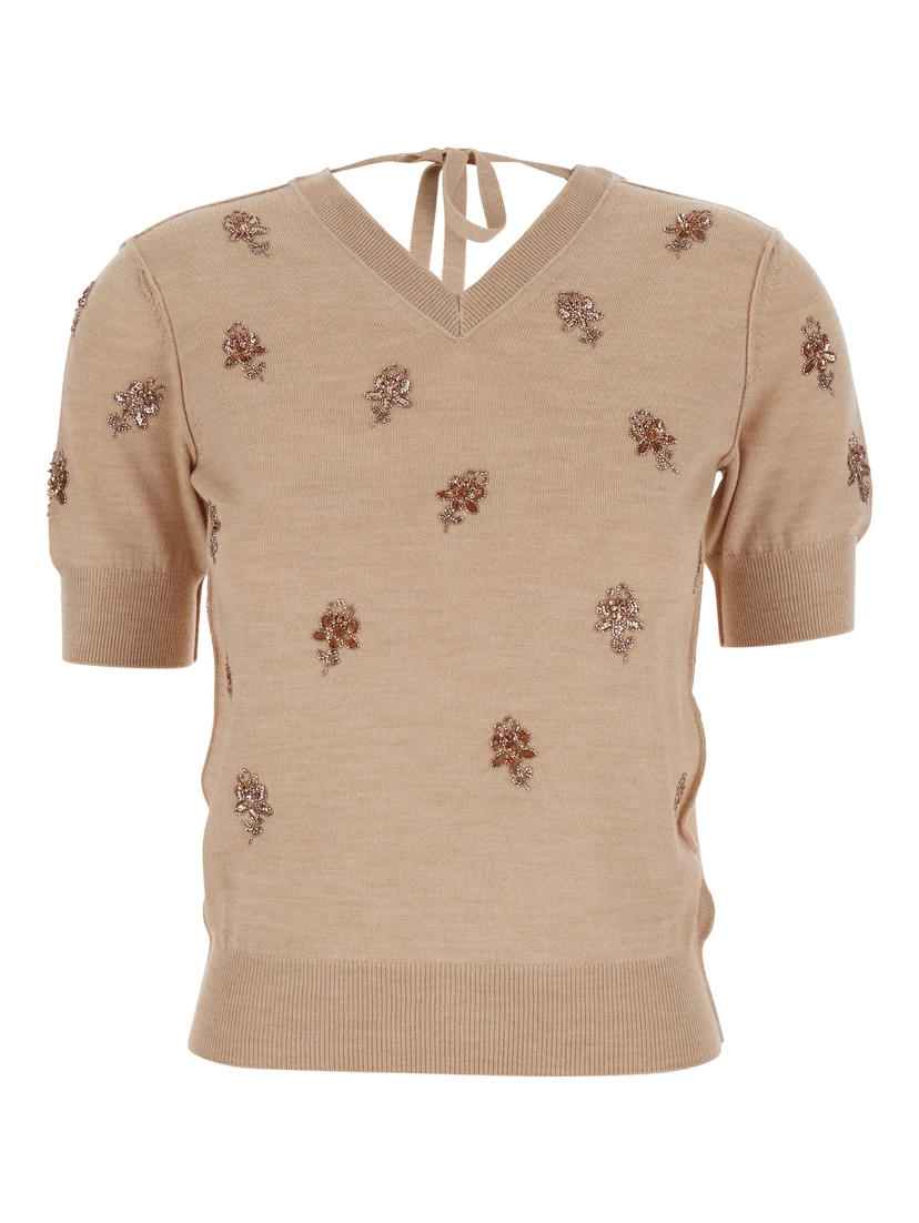 Pink T-Shirt with V Neck on Front and Rear and Floral Embroidery on the Front in Wool Woman