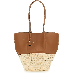 Bux Brown Shopper with Logo Imprinted on the Front and Metal Logo Charm in Leather and Straw Woman