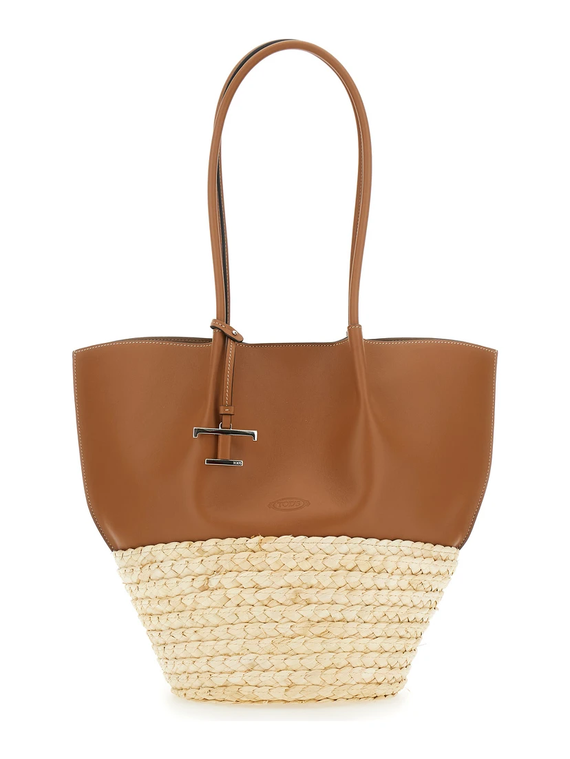 Bux Brown Shopper with Logo Imprinted on the Front and Metal Logo Charm in Leather and Straw Woman