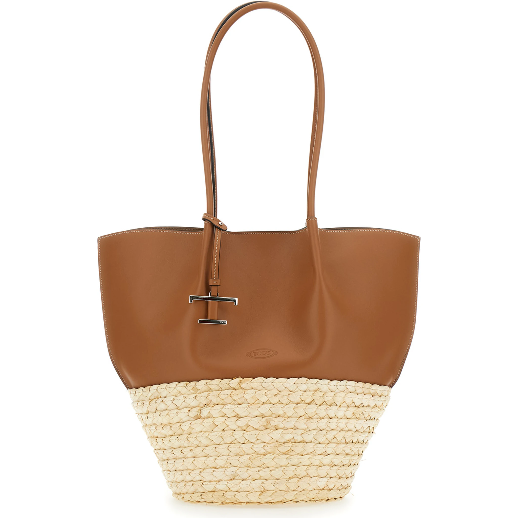 Bux Brown Shopper with Logo Imprinted on the Front and Metal Logo Charm in Leather and Straw Woman