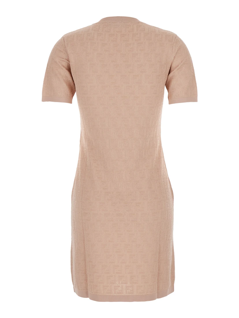 Pink Short Sleeve Dress with All-Over FF Motif in Cotton Blend Woman