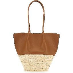 Bux Brown Shopper with Logo Imprinted on the Front and Metal Logo Charm in Leather and Straw Woman