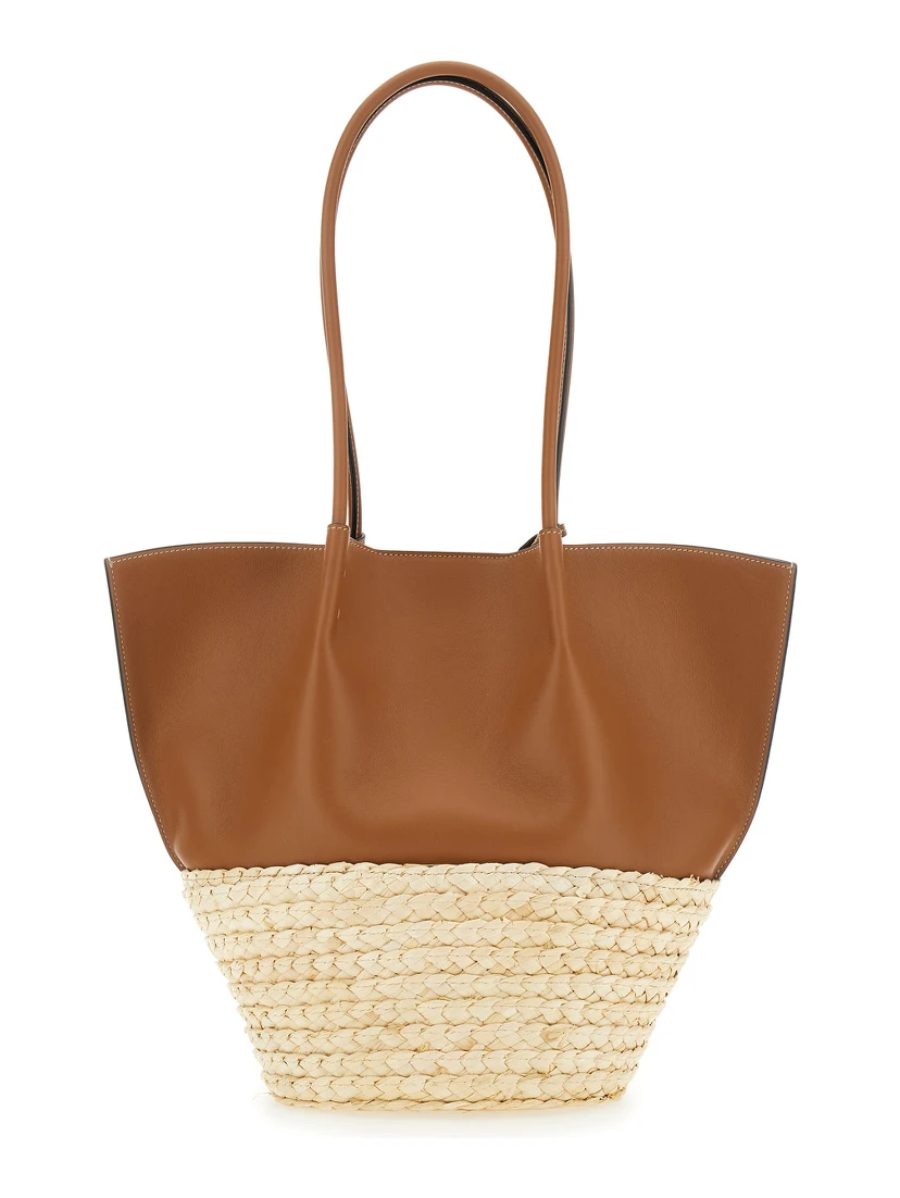Bux Brown Shopper with Logo Imprinted on the Front and Metal Logo Charm in Leather and Straw Woman
