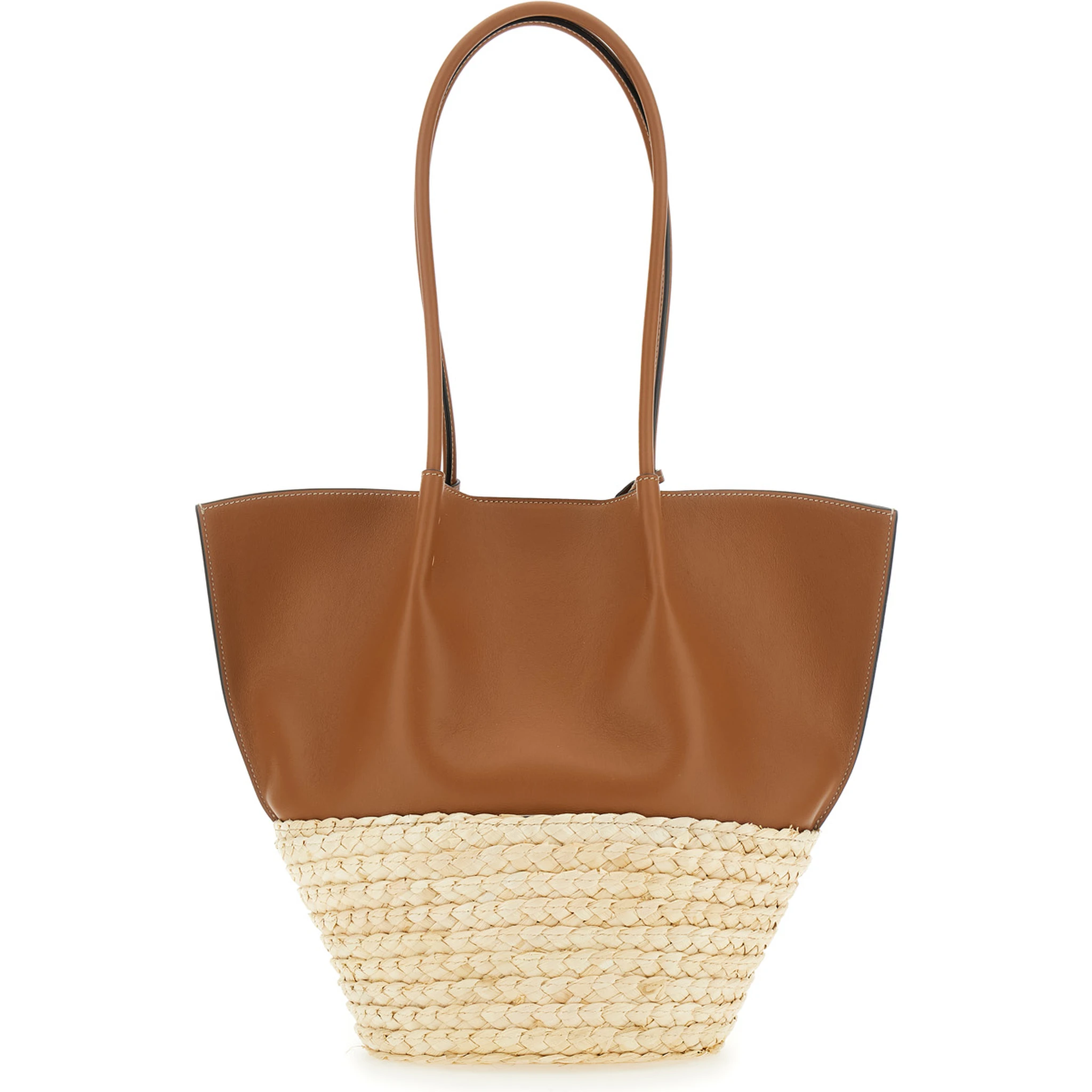 Bux Brown Shopper with Logo Imprinted on the Front and Metal Logo Charm in Leather and Straw Woman