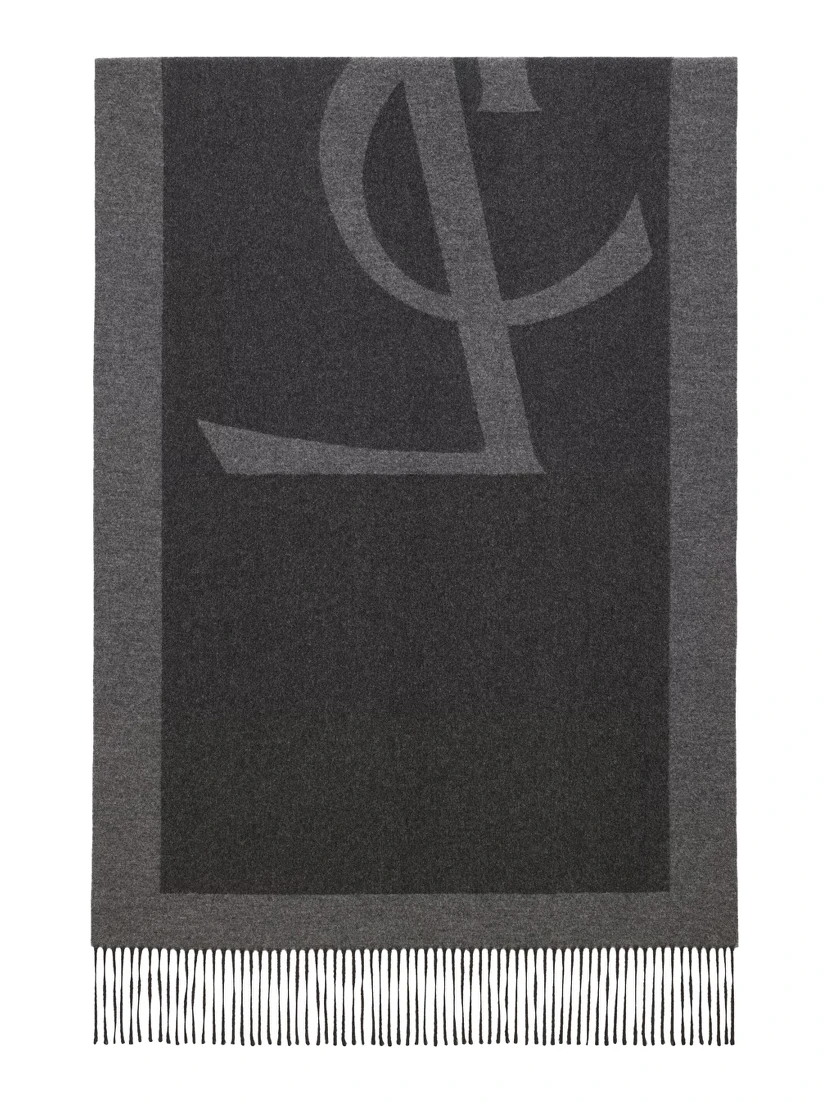 Grey Scarf with Maxi Logo Lettering and Fringed Hem in Silk Woman