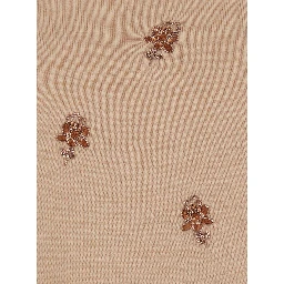 Pink T-Shirt with V Neck on Front and Rear and Floral Embroidery on the Front in Wool Woman