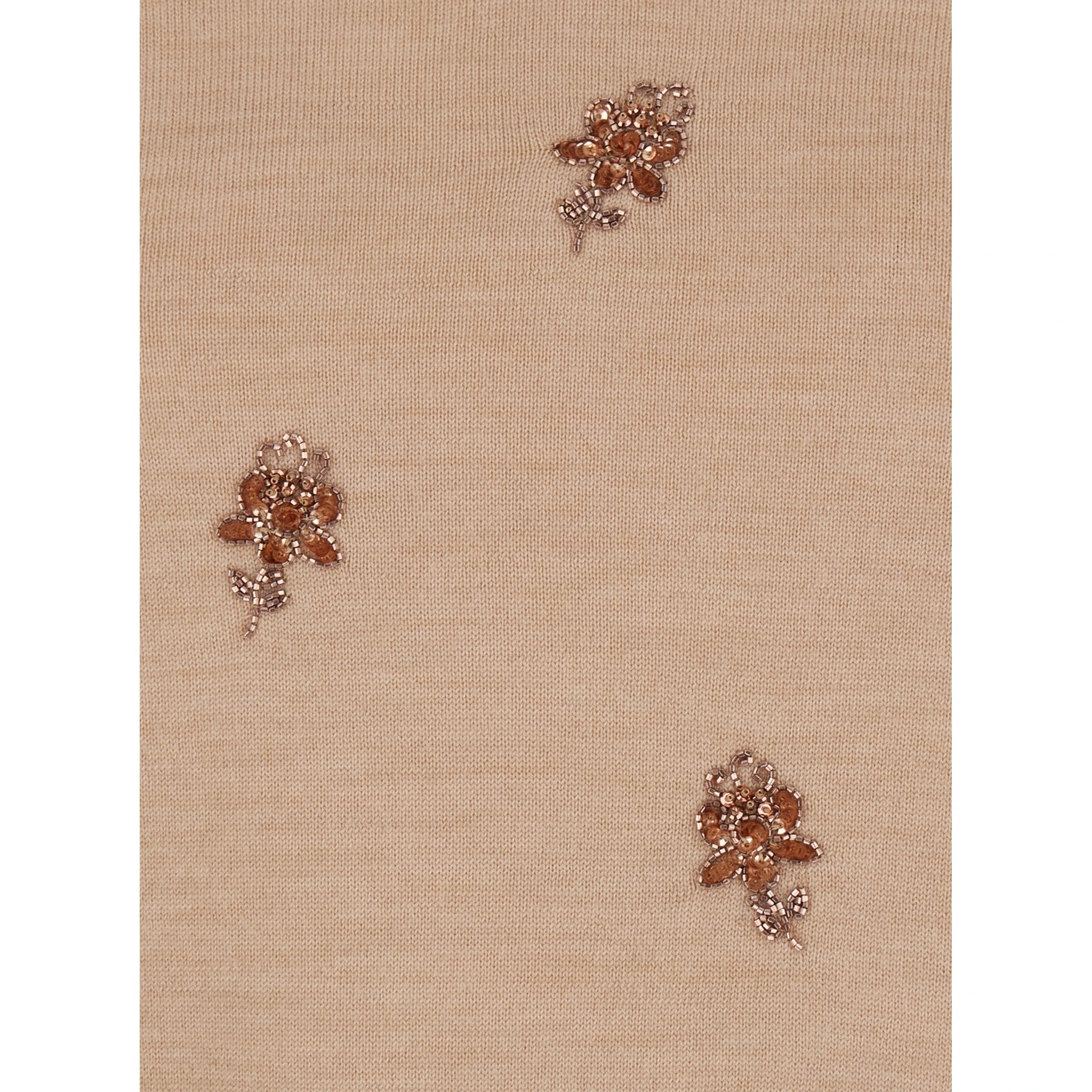 Pink T-Shirt with V Neck on Front and Rear and Floral Embroidery on the Front in Wool Woman