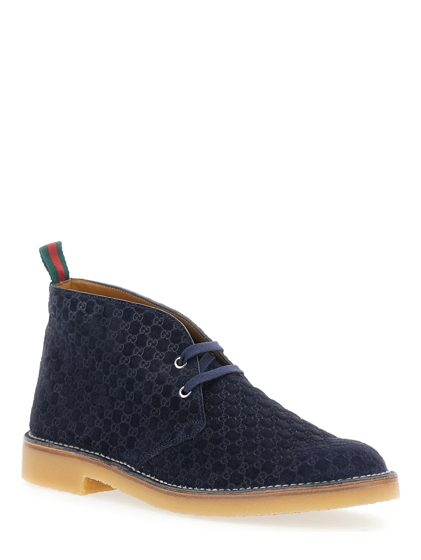 Blue Ankle Boots with Web Detail on the Heel and Low Heel in GG Suede Man