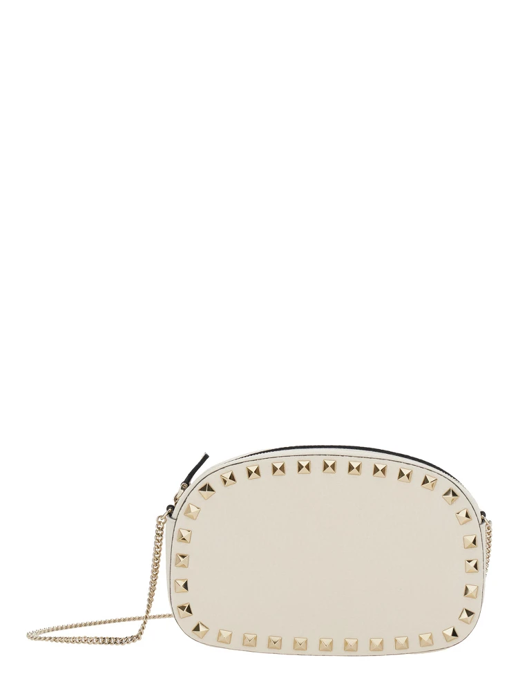 Rockstud White Mini Bag with Chain-Link Shoulder Strap and Rockstud Embellishments in Grained Leather Woman