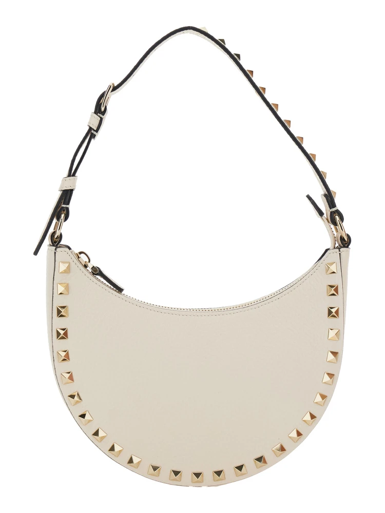 Rockstud White Mini Bag with Rockstud Embellishments and Adjustable Shoulder Strap in Grained Leather Woman