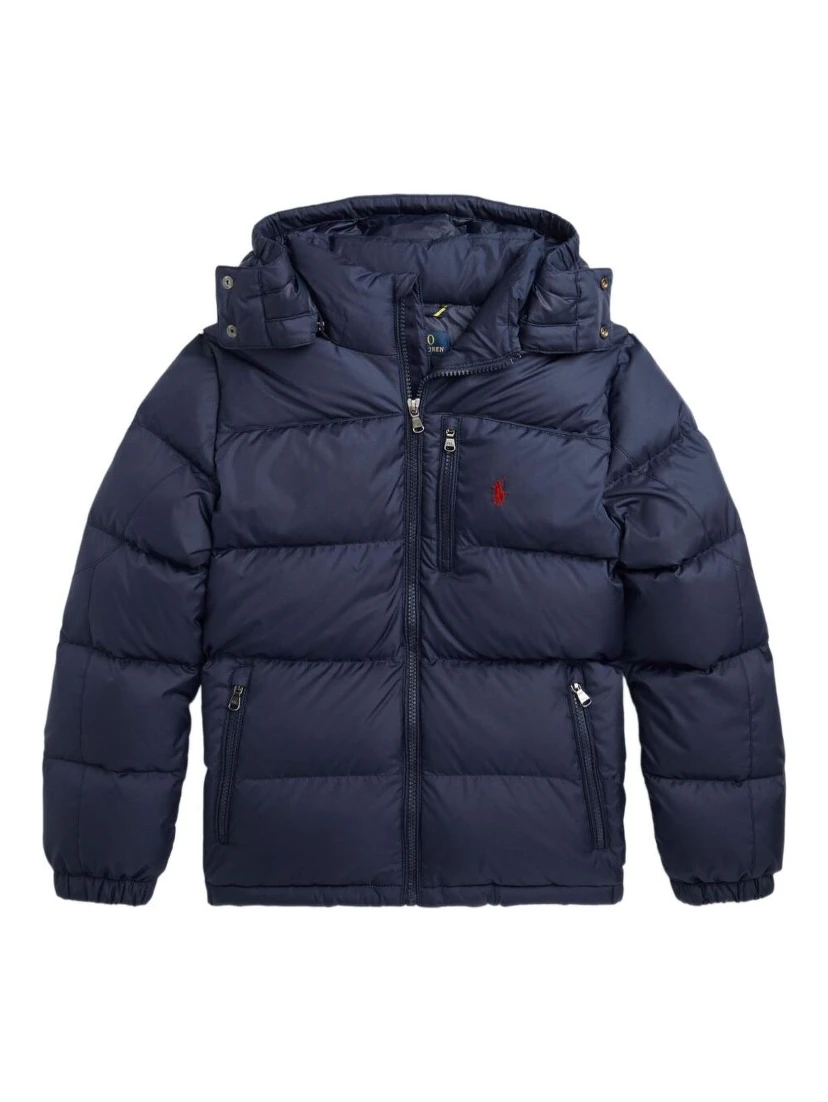 Blue Down Jacket with Fixed Hood and Pony Logo on the Front in Tech Fabric Boy