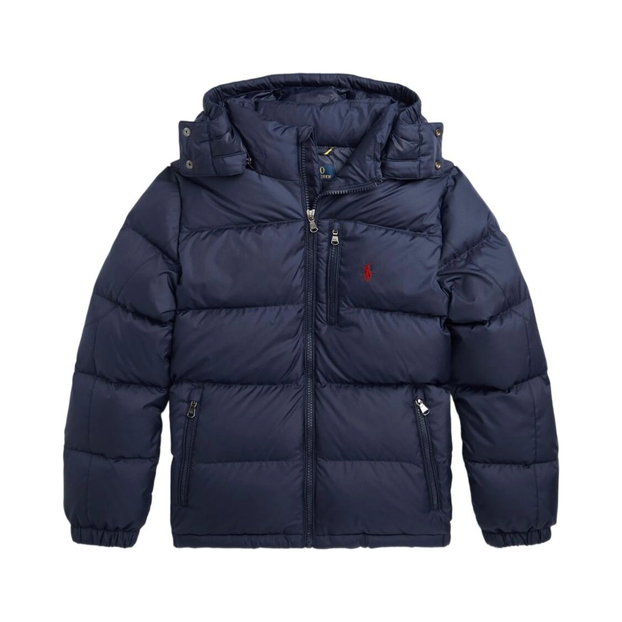 Blue Down Jacket with Fixed Hood and Pony Logo on the Front in Tech Fabric Boy