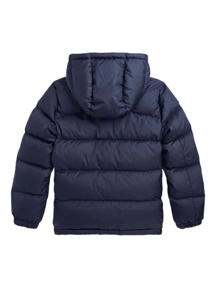 Blue Down Jacket with Fixed Hood and Pony Logo on the Front in Tech Fabric Boy alternative