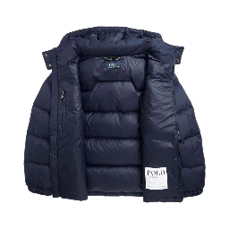Blue Down Jacket with Fixed Hood and Pony Logo on the Front in Tech Fabric Boy