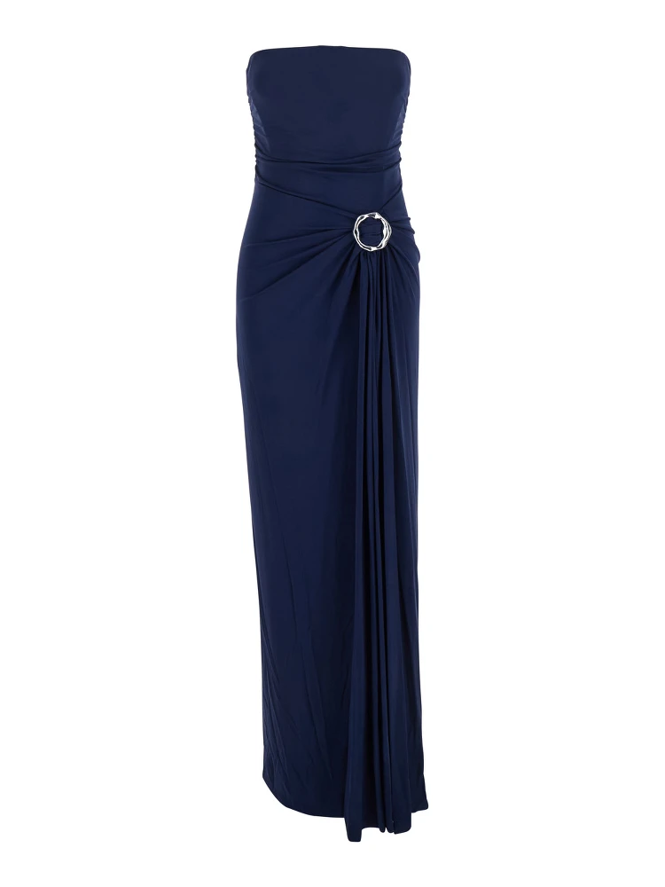 Emma Blue Strapless Long Dress with Ring Embellishment in Tech Fabric Stretch Woman