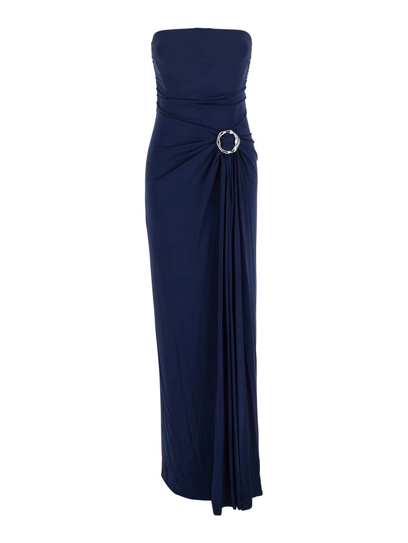 Emma Blue Strapless Long Dress with Ring Embellishment in Tech Fabric Stretch Woman