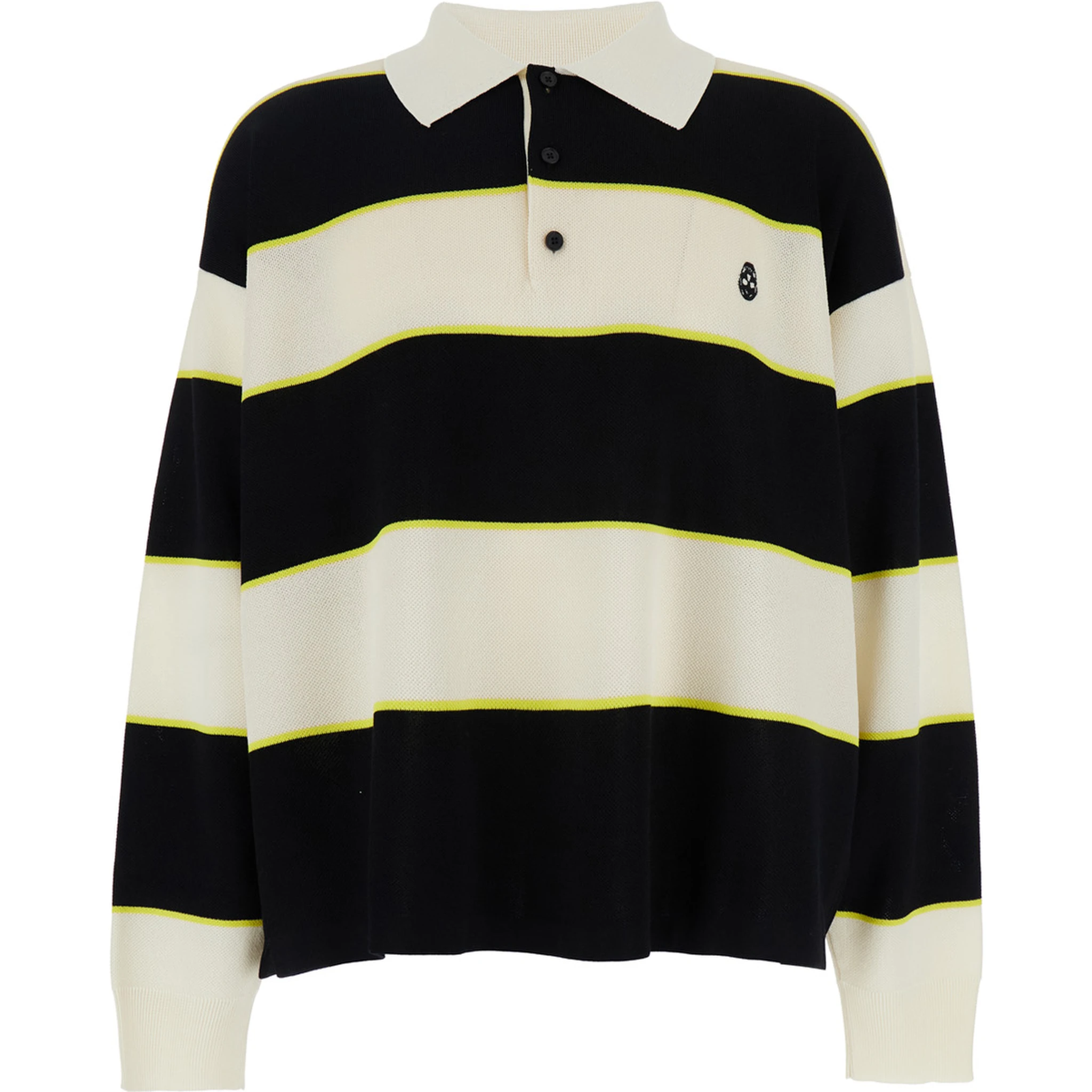 Black and White Long-Sleeve Polo Shirt with Logo Patch on the Front and All-Over Striped Motif in Cotton Blend Man