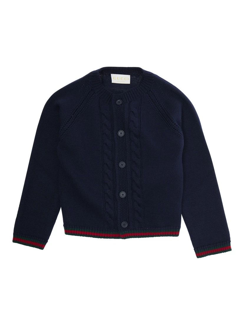 Blue Cardigan with Intarsia Design and Round Neck in Wool Boy