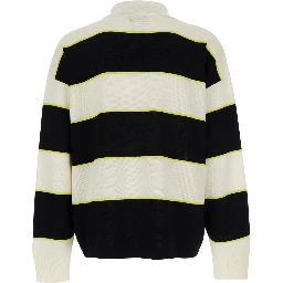 Black and White Long-Sleeve Polo Shirt with Logo Patch on the Front and All-Over Striped Motif in Cotton Blend Man