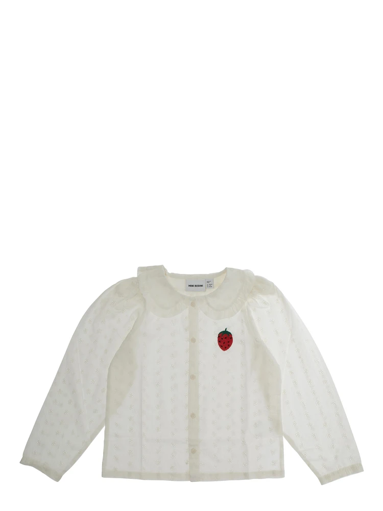 White Shirt with Peter Pan Collar and Strawberry Embroidery in Cotton Girl