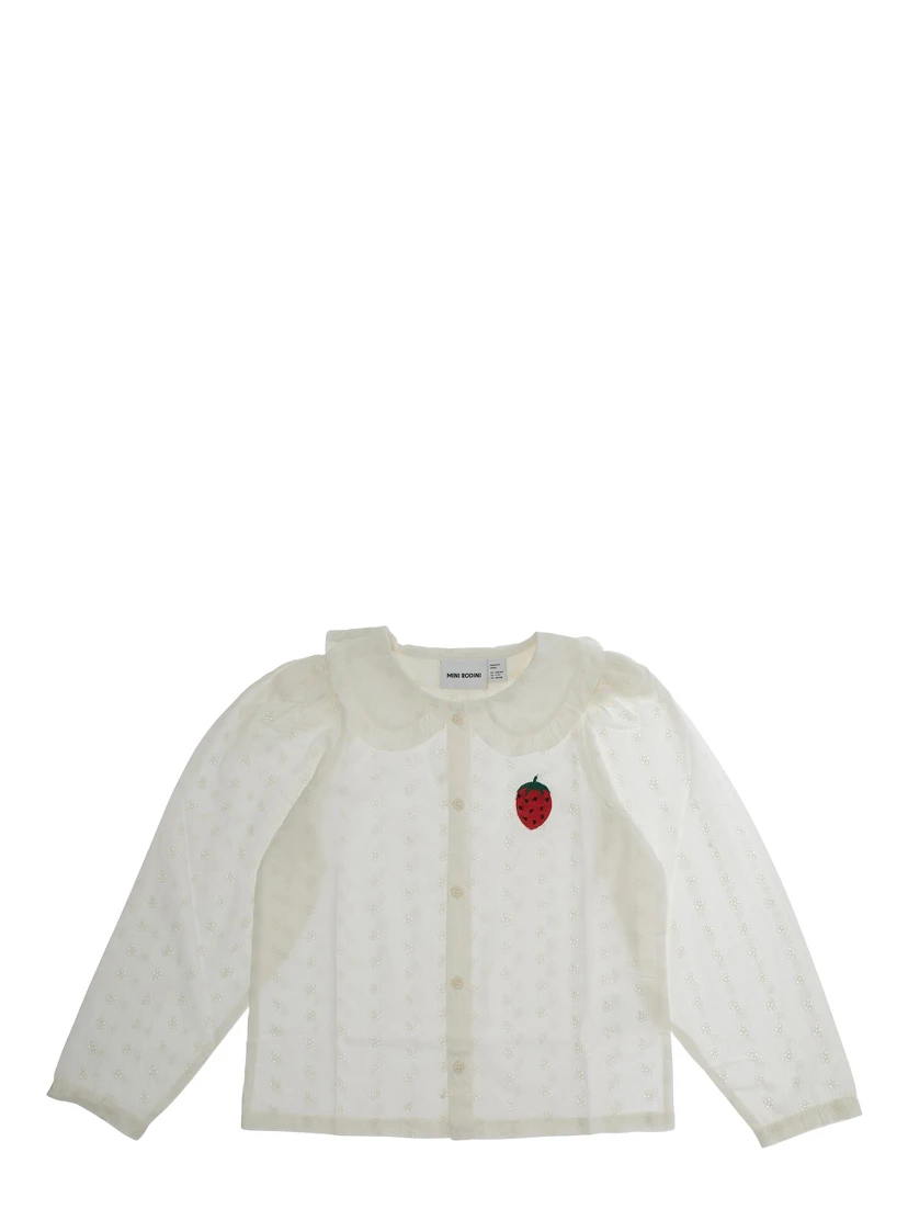 White Shirt with Peter Pan Collar and Strawberry Embroidery in Cotton Girl