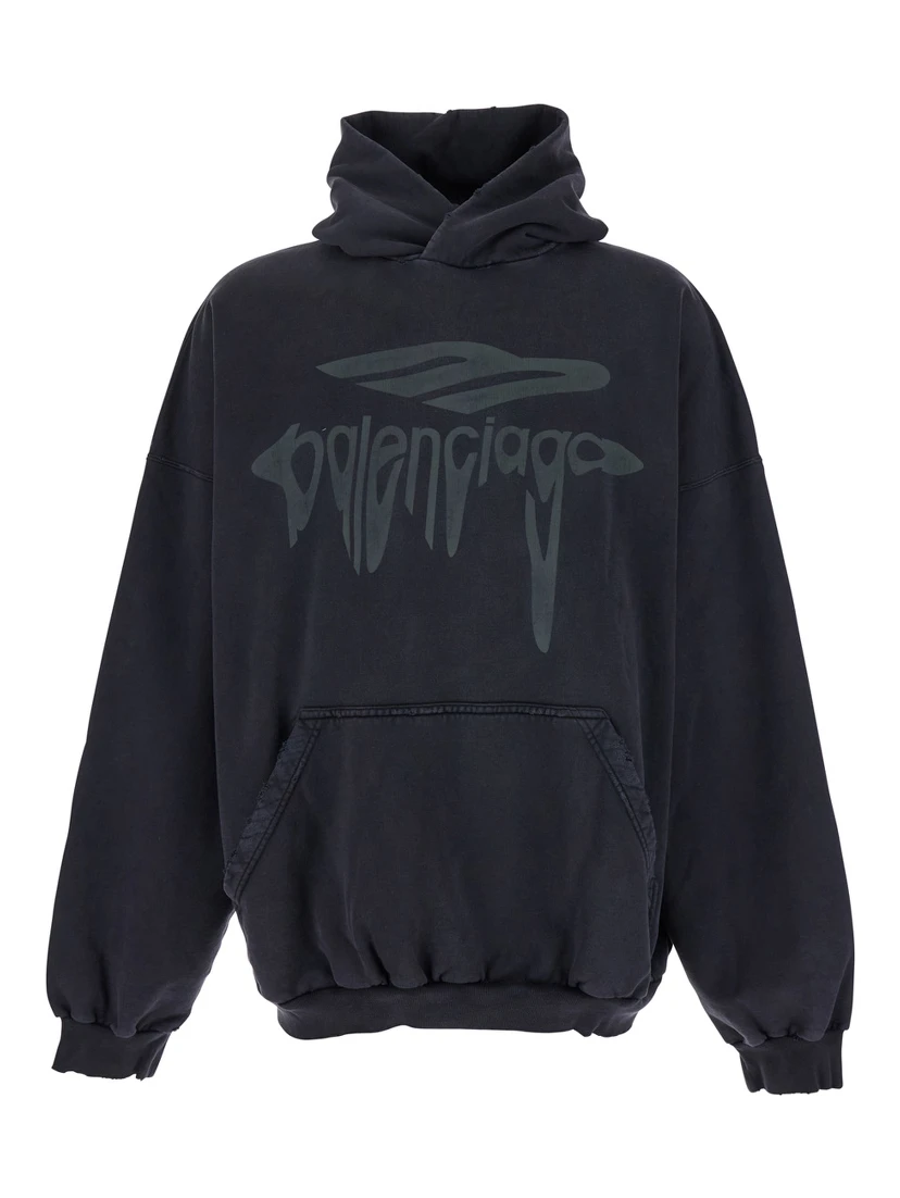 3B Liquified Black Hooded Sweatshirt with Front Logo in Cotton Man