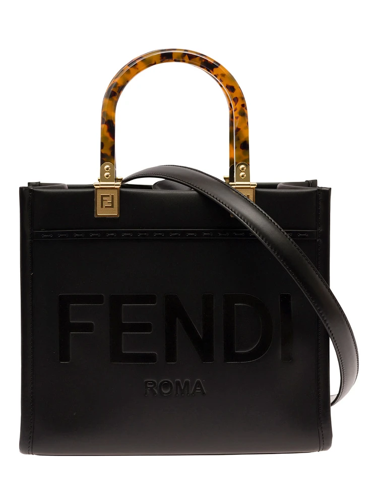 Sunshine Small Black Tote Bag with Embossed Logo and Tortoiseshell Handles in Leather Woman