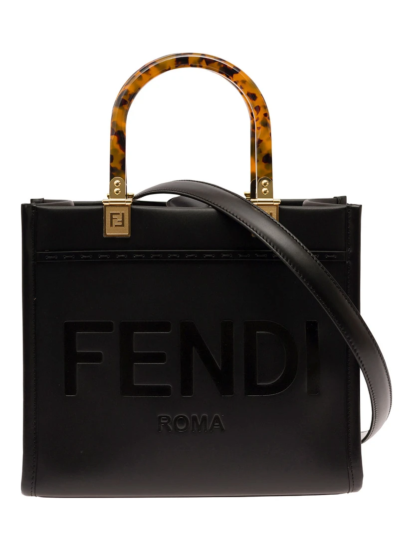Sunshine Small Black Tote Bag with Embossed Logo and Tortoiseshell Handles in Leather Woman