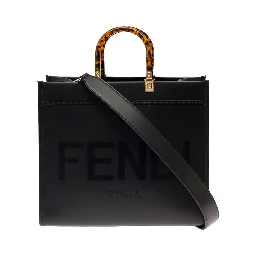 Sunshine Black Handbag with Embossed Logo and Tortoiseshell Handles in Leather Woman