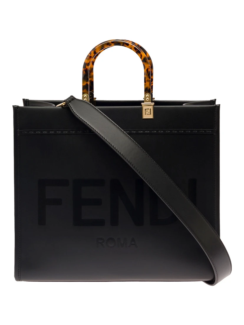 Sunshine Black Handbag with Embossed Logo and Tortoiseshell Handles in Leather Woman