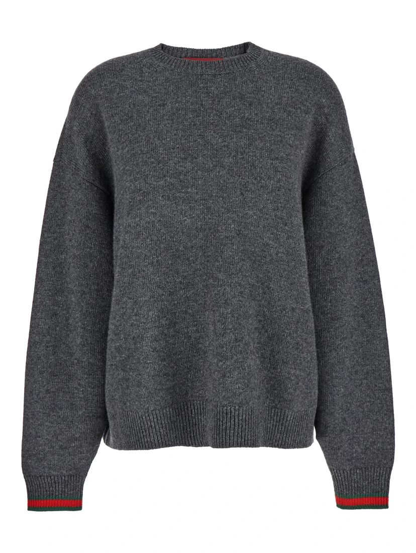 Grey Crewneck Sweater with Web Detail on the Cuffs in Wool and Cashmere Blend Woman